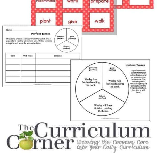 Juego imprimible de tiempos verbales usando círculos giratorios de The Curriculum Corner