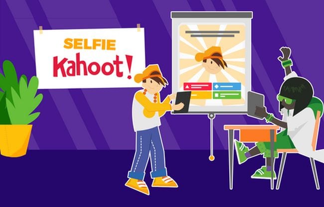 Ilustración que dice "Selfie Kahoot" que muestra a los estudiantes jugando en clase 