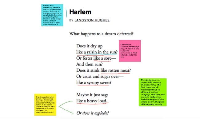 El poema Harlem de Hughes de Langston anotado con subrayado y notas adhesivas