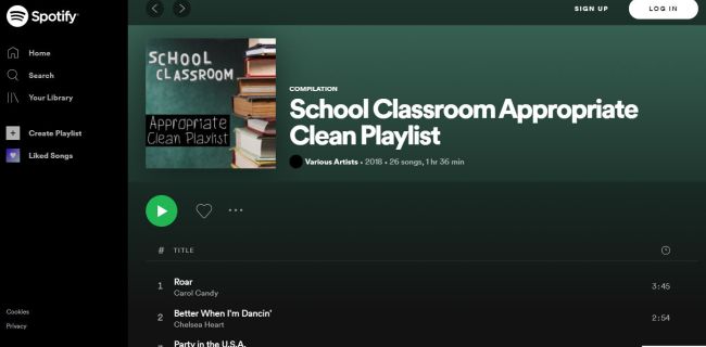 Captura de pantalla de la lista de reproducción de Spotify Clean Classroom (bonificación virtual)