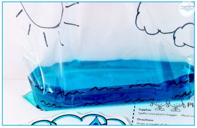 Bolsa de plástico marcada con sol, nubes y olas, parcialmente llena de agua azul