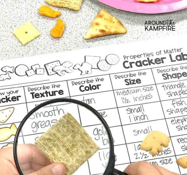 La mano de un niño sosteniendo una lupa sobre una galleta con hojas de trabajo etiquetadas como Laboratorio de galletas en el fondo (Ciencias de segundo grado)