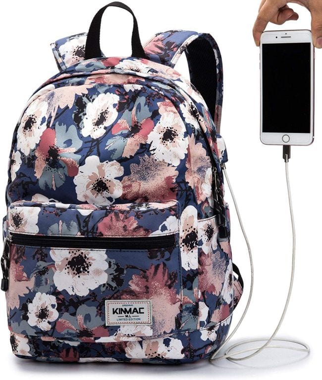 Mochila con patrón floral con puerto de carga externo y teléfono inteligente de mano (la mejor mochila para maestros)