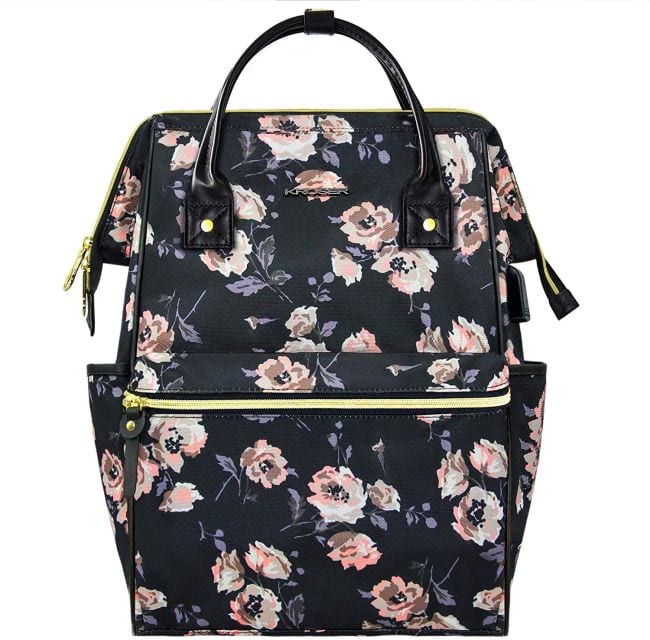 Mochila floral negra y rosa con cremallera en la parte superior y bolsillos laterales (mejor mochila para profesores)