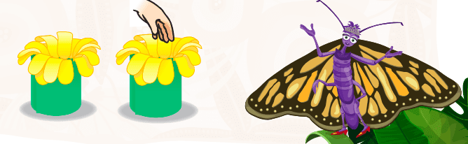 Ilustración de una mariposa y una mano alcanzando el centro de una flor de papel; actividad de los insectos polinizadores