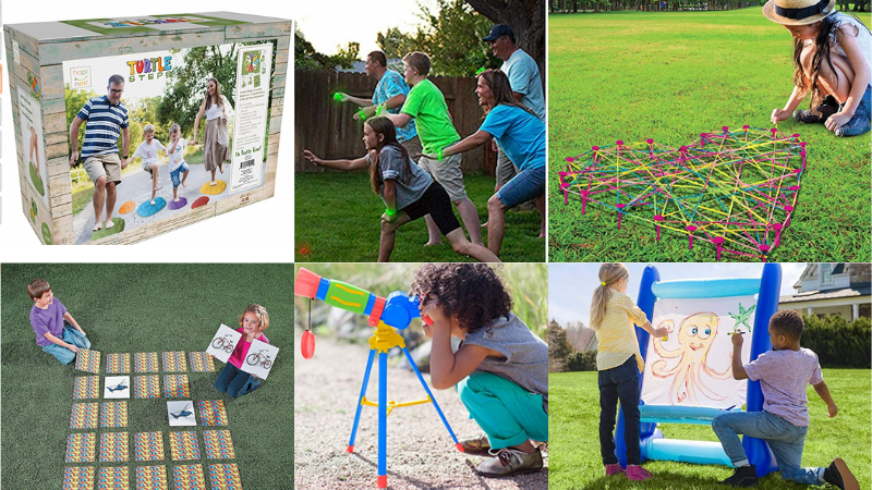 Collage de imágenes aprobado por maestros de juguetes para niños al aire libre
