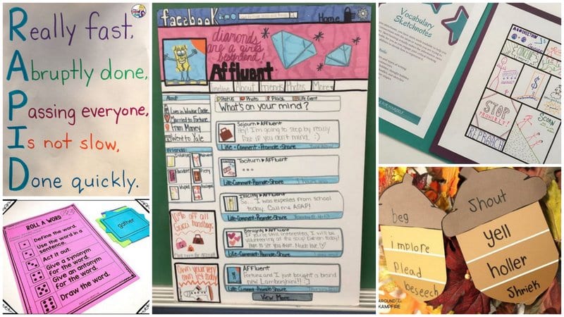 Cinco imágenes de la actividad de vocabulario de la maestra de quinto grado.