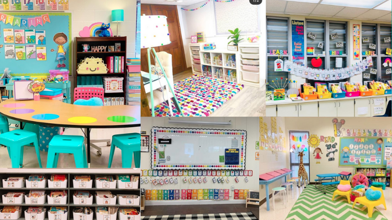 Seis imágenes independientes de un salón de clases de jardín de infantes, que incluyen alfombras de colores brillantes y útiles escolares.