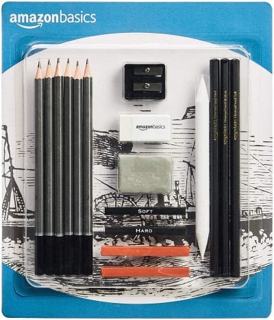 Suministros de dibujo de Amazon Basic, incluidos lápices, gomas de borrar, sacapuntas