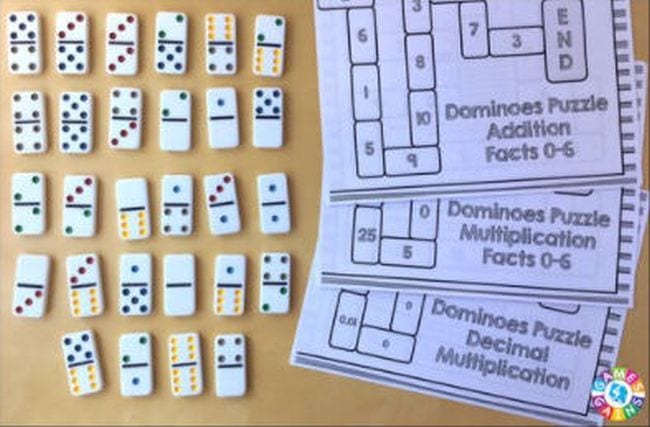Juego de fichas de dominó con hojas de trabajo imprimibles para rompecabezas de dominó más hechos 0-6 (juego de matemáticas de primer grado)