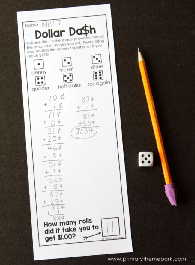 Hoja de trabajo etiquetada como Dollar Dash con reglas para jugar el juego y espacio para llevar la puntuación