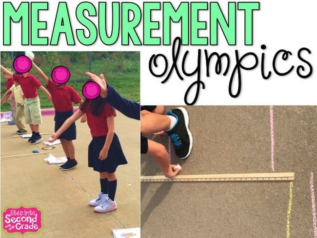 Collage de alumnos de segundo grado que participan en actividades de medición con texto Olimpiadas de medición