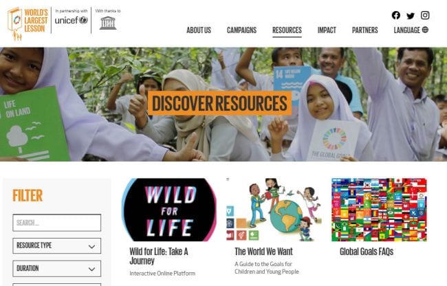 Captura de pantalla de la página de recursos de cursos más grande del mundo (campaña de cambio climático)