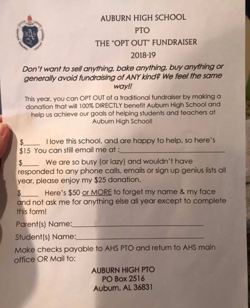 Carta de recaudación de fondos de exclusión voluntaria original de Auburn High School, a través de la publicación de Facebook de Briana Legget Woods