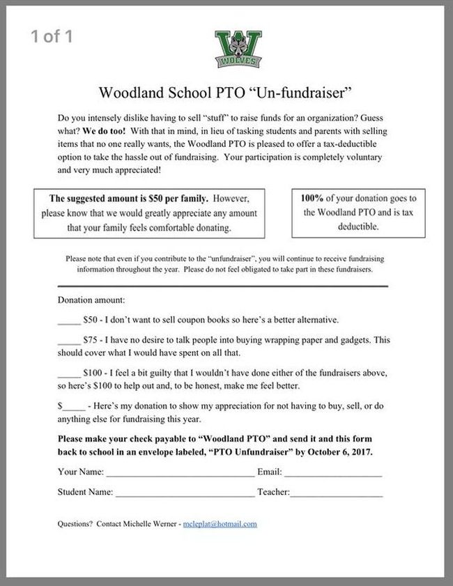 Carta de recaudación de fondos de exclusión voluntaria de Woodland School