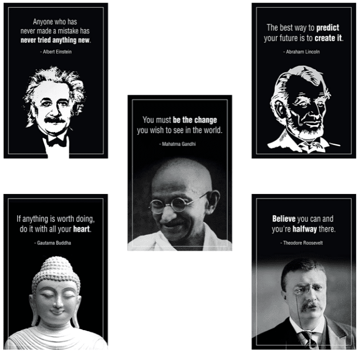 Cinco carteles en blanco y negro con líderes históricos (Einstein, Gandhi, Buda, Lincoln y Teddy Roosevelt) con citas inspiradoras para decorar las aulas de las escuelas intermedias.