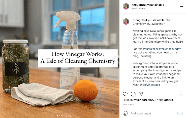 Publicación de Instagram con el cuadro de texto "Cómo funciona el vinagre: una historia de química de limpieza", frente a una naranja, una botella de vinagre, toallas y un frasco de esquejes de pino