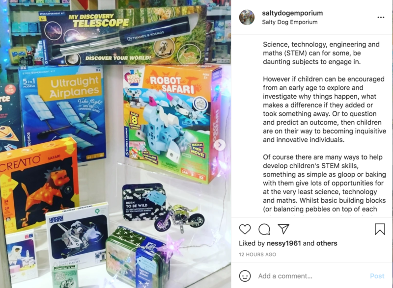 Una publicación de Instagram que presenta una variedad de juegos, manualidades y actividades centradas en la ingeniería para niños.