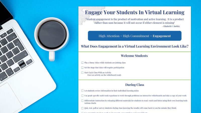 Lista de verificación imprimible para involucrar a los estudiantes en el aprendizaje virtual sobre fondo azul con computadora portátil y taza de café