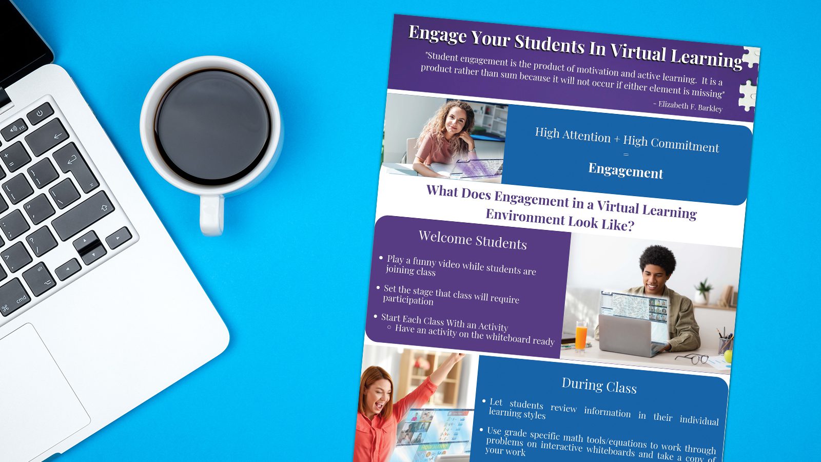 Lista de verificación imprimible para involucrar a los estudiantes en el aprendizaje virtual sobre fondo azul usando computadoras portátiles y tazas de café (versión a todo color)